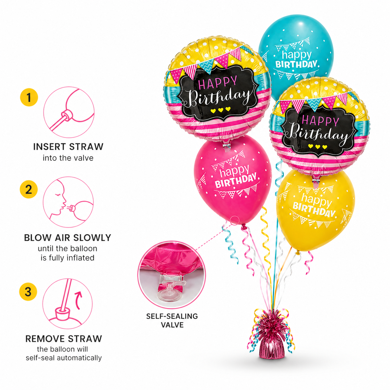 Happy Birthday Bunting Balloon Set of 5 with Latex Balloons (Helium Filled & Delivered Inflated) | Birthday Decoration Balloons