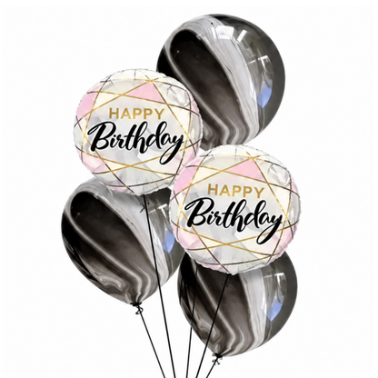 Marble Print Happy Birthday Balloon Set of 5 with Pink Foil Balloons (Helium Filled & Delivered Inflated) | Birthday Decoration Balloons