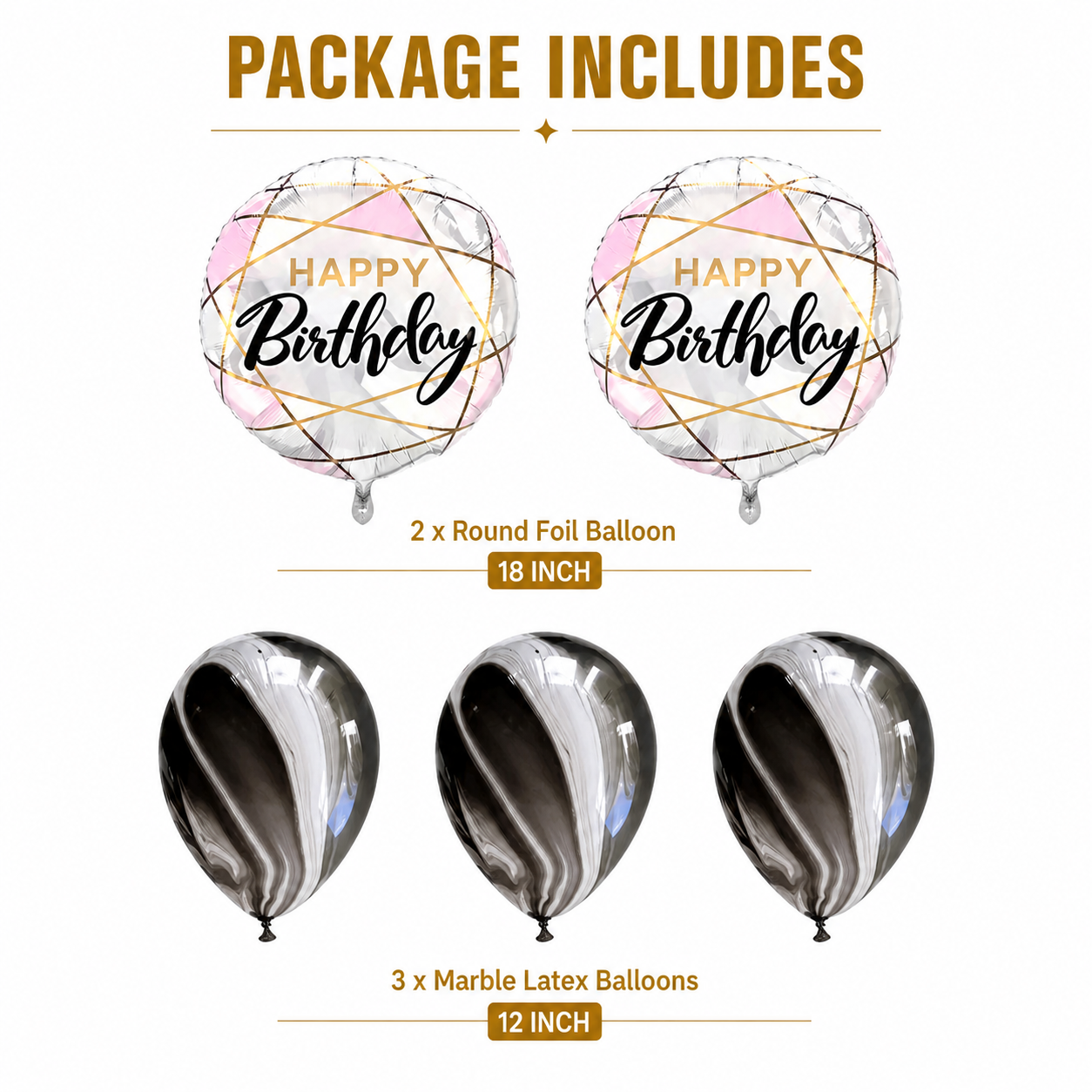 Marble Print Happy Birthday Balloon Set of 5 with Pink Foil Balloons (Helium Filled & Delivered Inflated) | Birthday Decoration Balloons