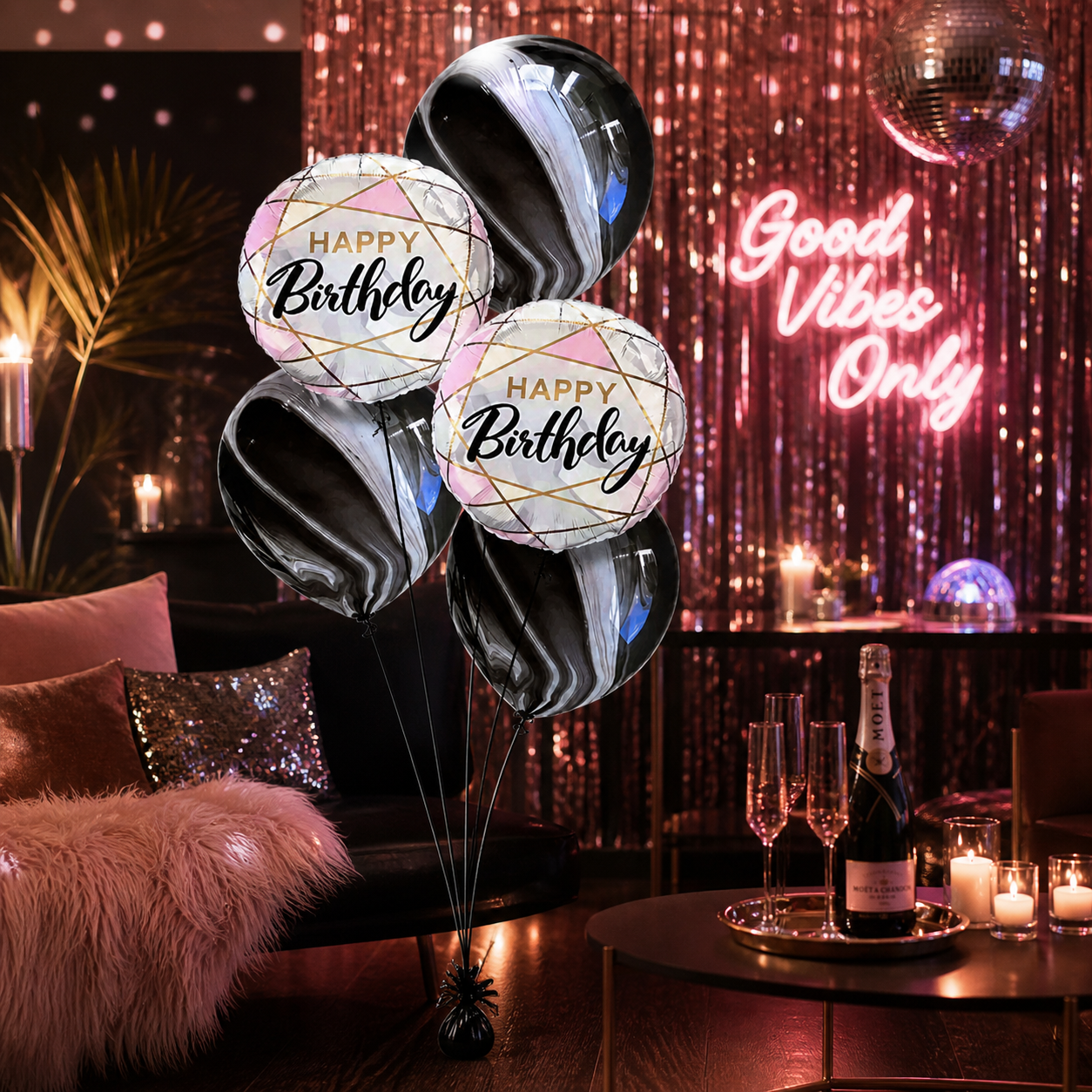 Marble Print Happy Birthday Balloon Set of 5 with Pink Foil Balloons (Helium Filled & Delivered Inflated) | Birthday Decoration Balloons
