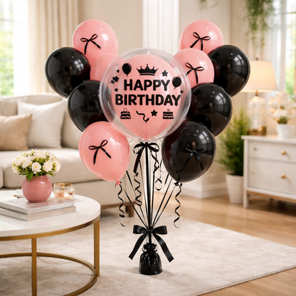 Happy Birthday Pink Balloons with Black Ribbon Combo Set - 22PC