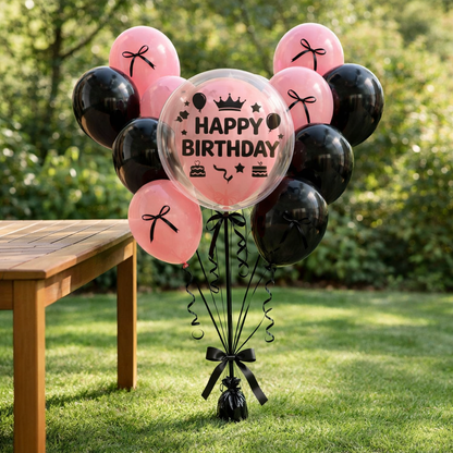 Happy Birthday Pink Balloons with Black Ribbon Combo Set - 22PC