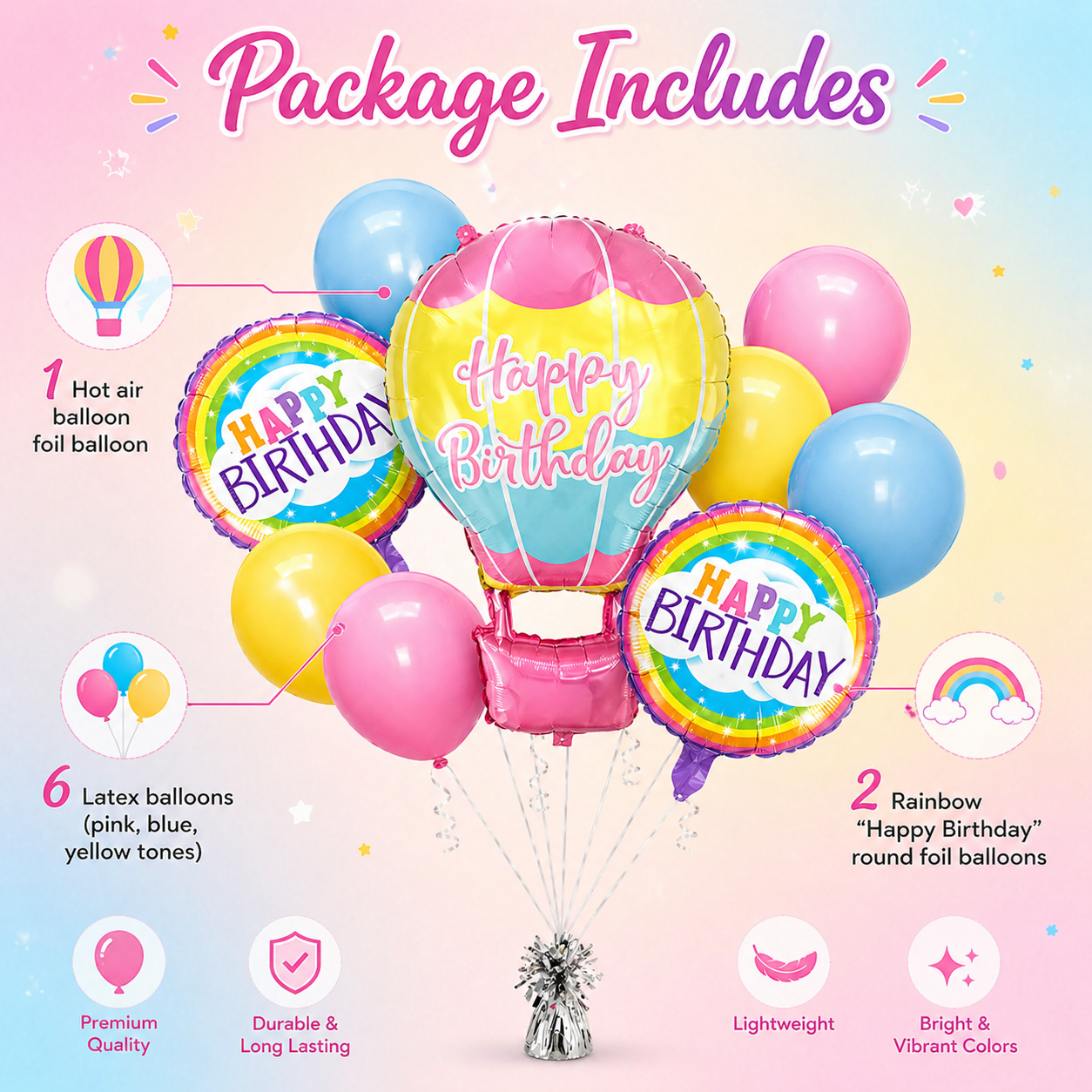 Flying High Hot Air Helium Filled Balloon Bouquet Set of 9 | Pre-Inflated & Delivered | Kids Birthday Decoration