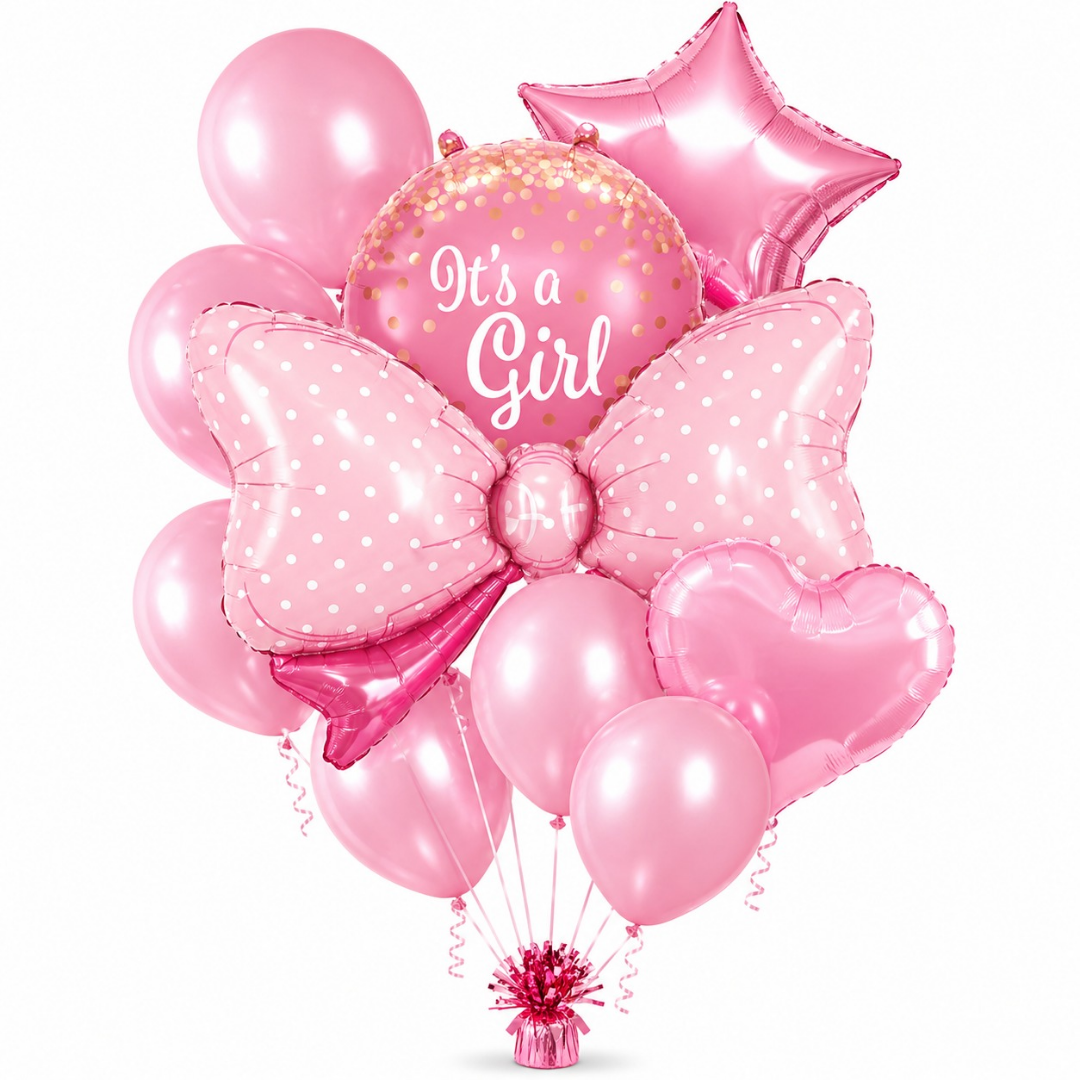 It's a Girl Baby Announcement Balloon Set of 10 | Pink Bow Shaped Balloon | Helium Filled & Delivers Inflated