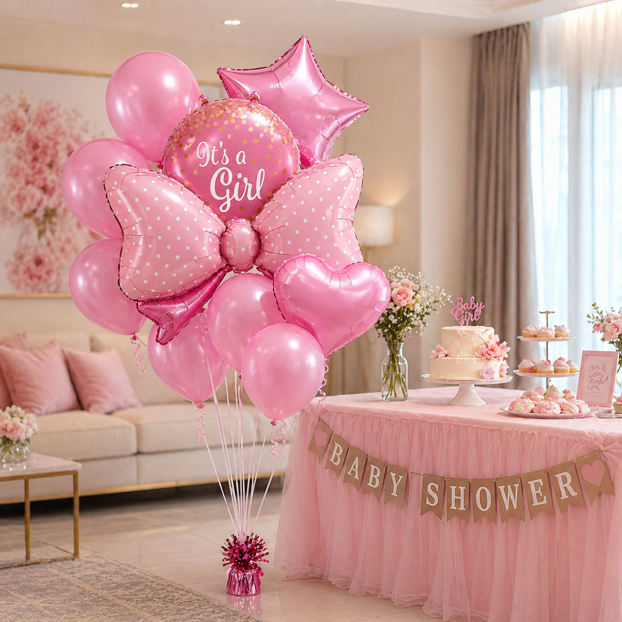 It's a Girl Baby Announcement Balloon Set of 10 | Pink Bow Shaped Balloon | Helium Filled & Delivers Inflated