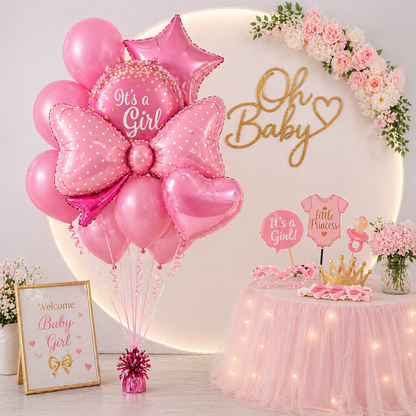 It's a Girl Baby Announcement Balloon Set of 10 | Pink Bow Shaped Balloon | Helium Filled & Delivers Inflated