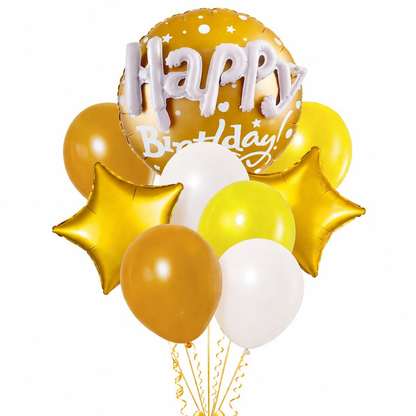 Happy Birthday Matte Gold 3D Balloon Bouquet Set (9 Pcs) Helium Filled & Delivered Inflated