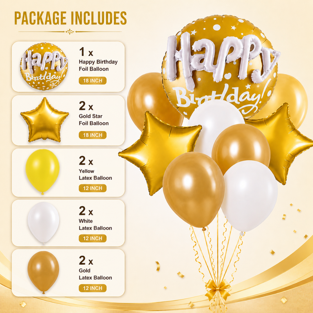 Happy Birthday Matte Gold 3D Balloon Set Pack of 9 | Premium Foil & Latex Balloons | Helium Supported Birthday Decoration Kit