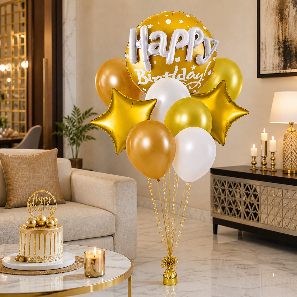 Happy Birthday Matte Gold 3D Balloon Bouquet Set (9 Pcs) Helium Filled & Delivered Inflated