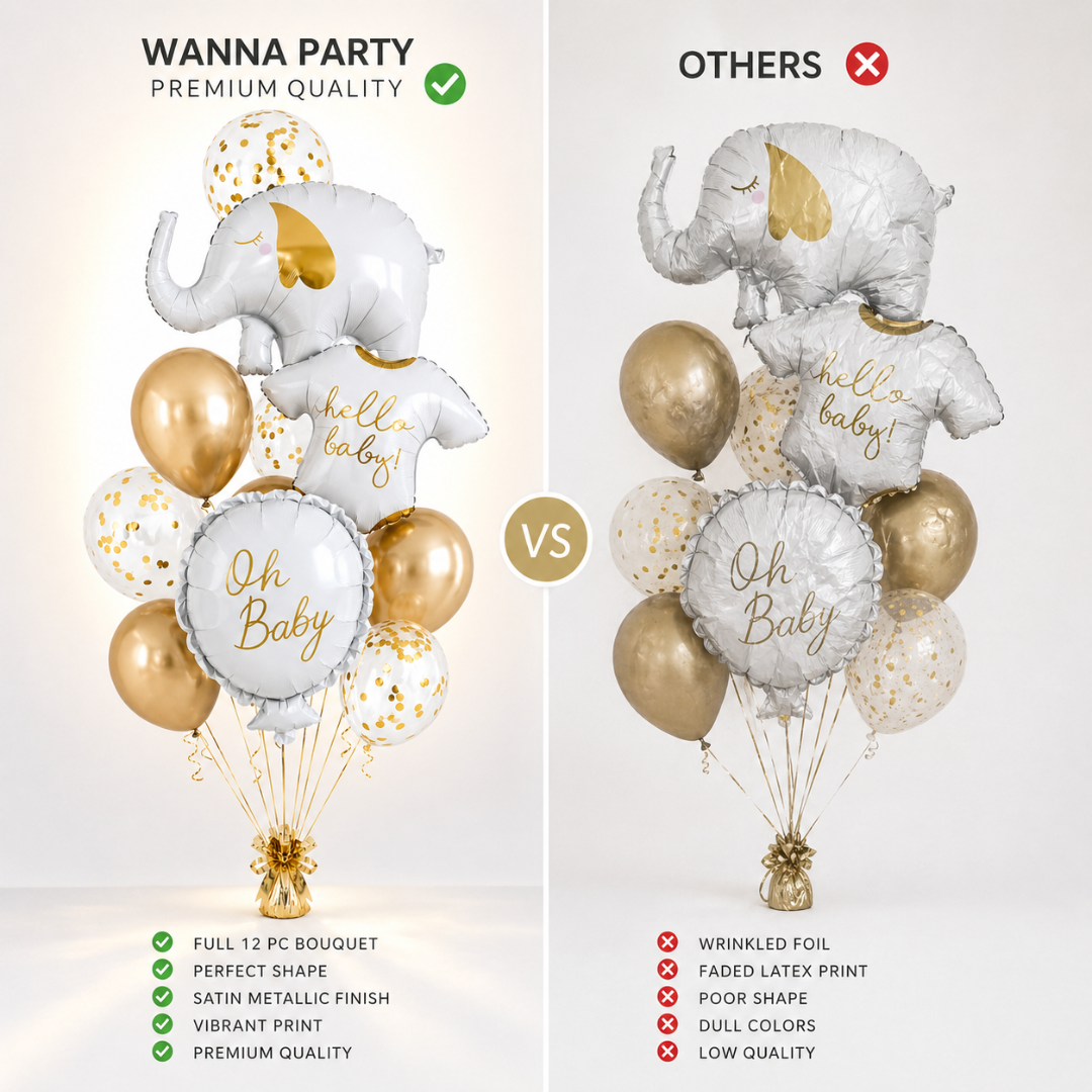 Hello Baby White Elephant Balloon Set Pack of 12 | Baby Shower Decoration Balloons | Neutral Gold & White Theme for Newborn Celebration