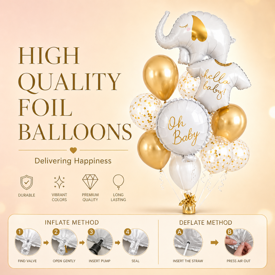 Hello Baby White Elephant Balloon Set Pack of 12 | Baby Shower Decoration Balloons | Neutral Gold & White Theme for Newborn Celebration