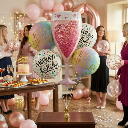Pink Champagne Glass Helium Balloon Set of 5 (Champagne Supershape + Birthday Balloons) | Pre-Inflated & Delivered | Birthday Decoration