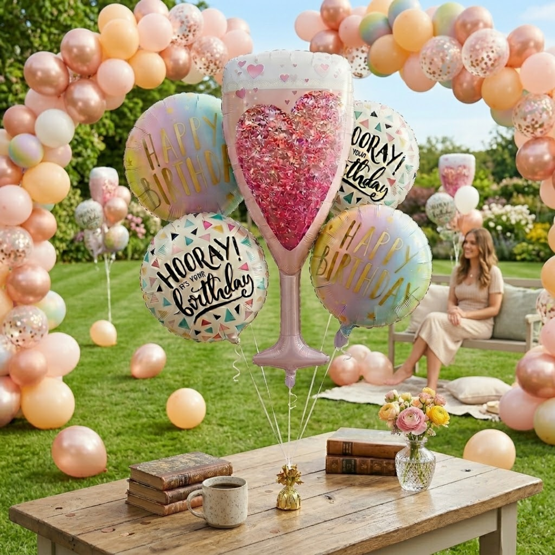 Pink Champagne Glass Helium Balloon Set of 5 (Champagne Supershape + Birthday Balloons) | Pre-Inflated & Delivered | Birthday Decoration