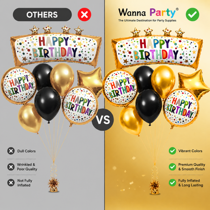 Happy Birthday Golden & Black Balloon Bouquet Set (8 Pcs) Helium Filled & Delivered Inflated