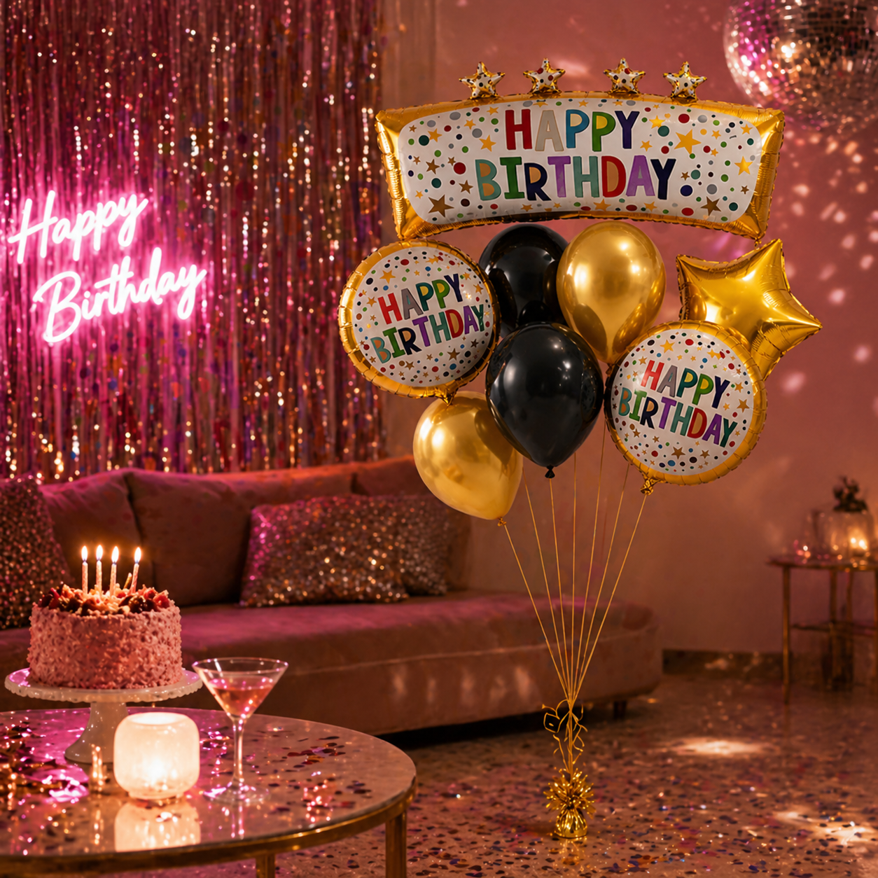 Happy Birthday Golden & Black Balloon Bouquet Set (8 Pcs) Helium Filled & Delivered Inflated