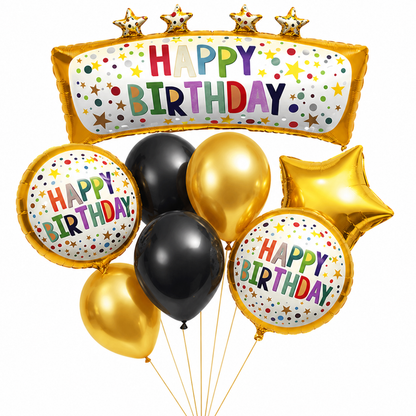 Happy Birthday Golden & Black Balloon Bouquet Set (8 Pcs) Helium Filled & Delivered Inflated