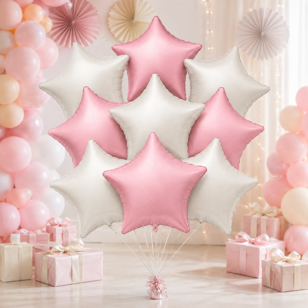 Pastel Pink and Pearl White Star Shaped Balloons Set - 10PC
