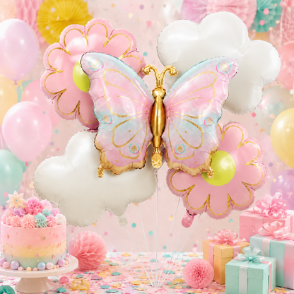 Pink and Green Shaded Butterfly and Flowers Balloons Set - 5PC