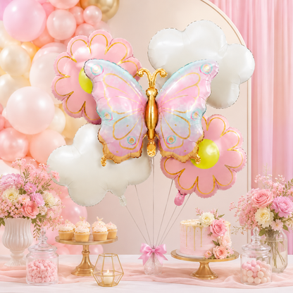 Pink and Green Shaded Butterfly and Flowers Balloons Set - 5PC