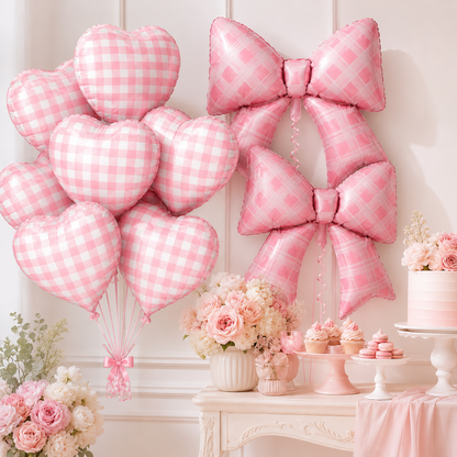 Bow and Heart Chequered Balloons Set - 12PC