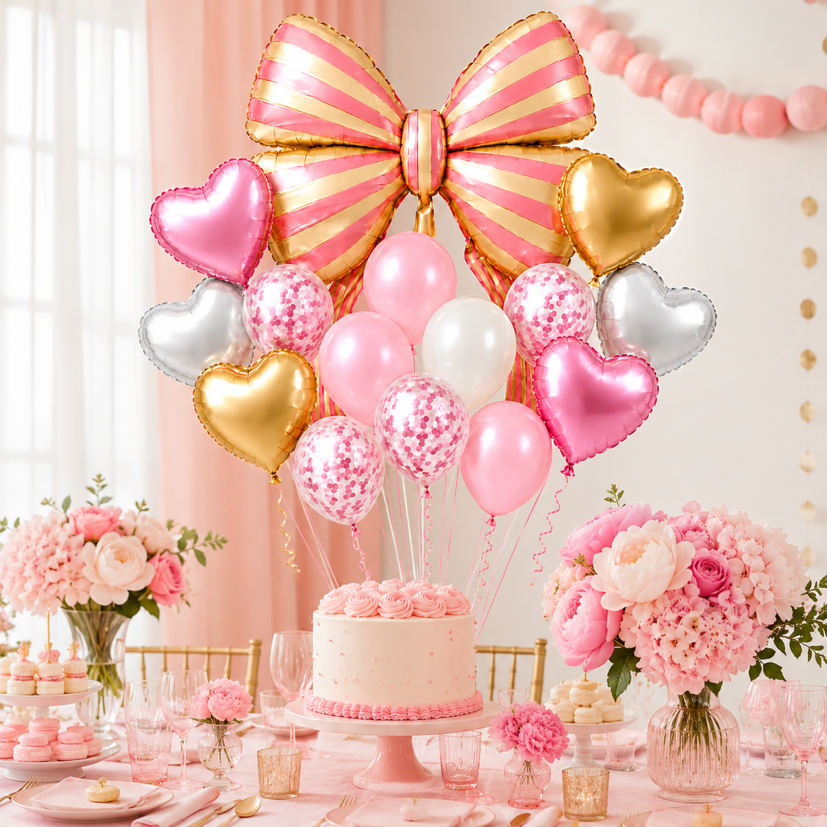 Pink Striped Bow and Heart Shaped Balloons Set - 17PC