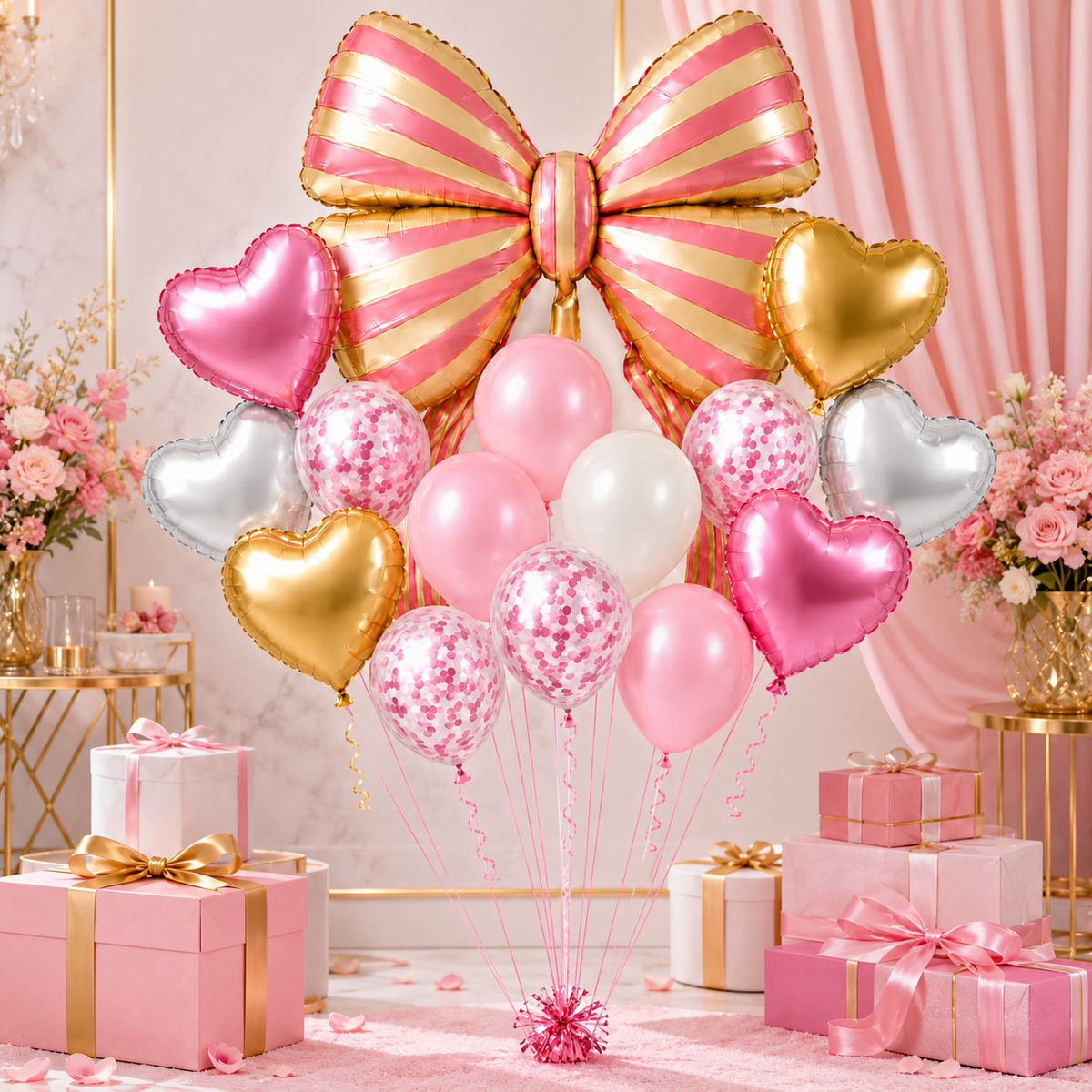 Pink Striped Bow and Heart Shaped Balloons Set - 17PC