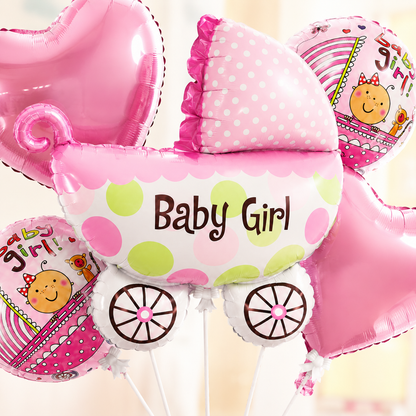 Baby Girl Pram Shaped Balloon Bouquet Set - 5PC | Helium Filles & Dleivers Inflated
