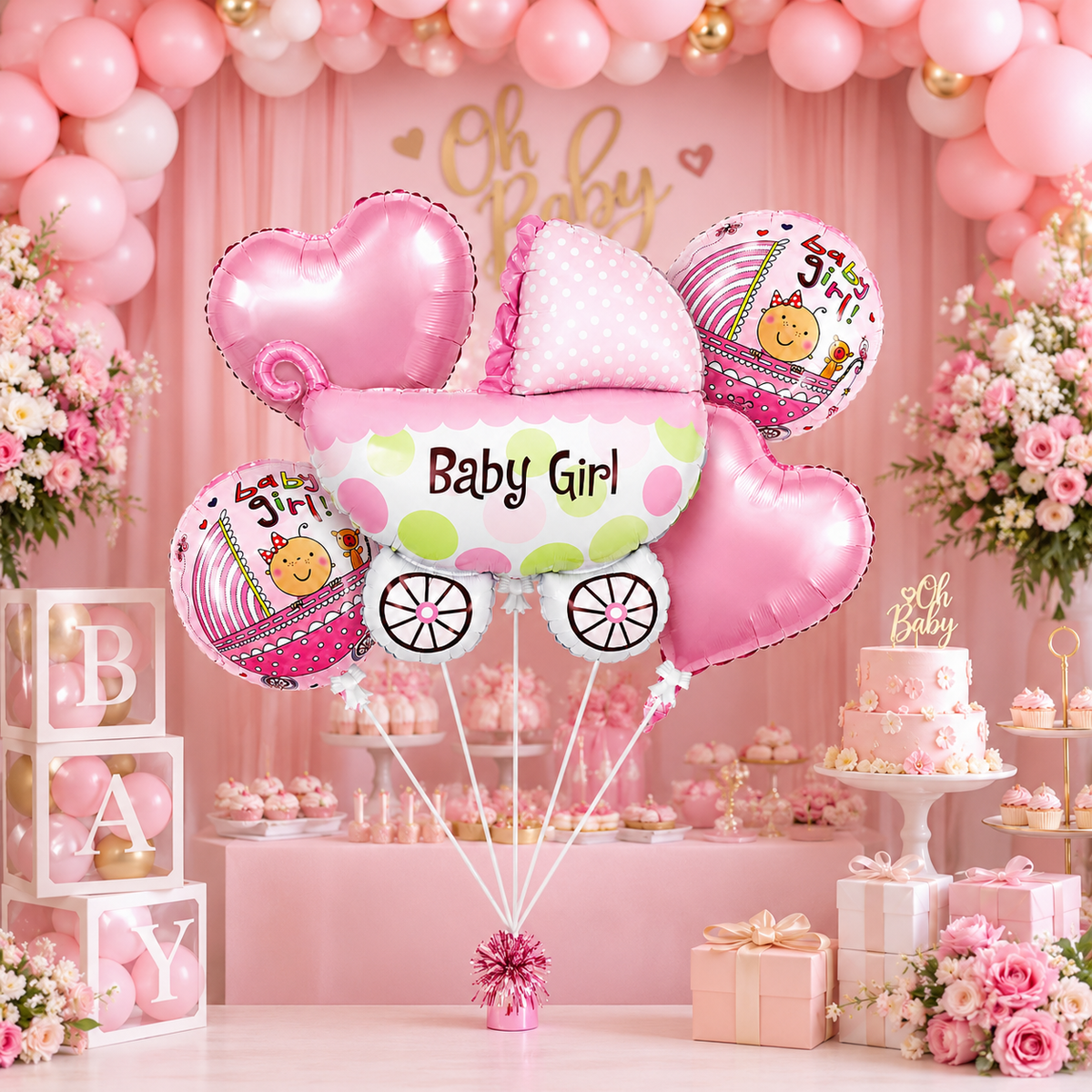 Baby Girl Pram Shaped Balloon Bouquet Set - 5PC | Helium Filles & Dleivers Inflated