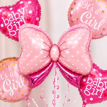 Pink Bow Shaped Its a Girl Balloon Bouqet Set - 5PC | Helium Filles & Dleivers Inflated