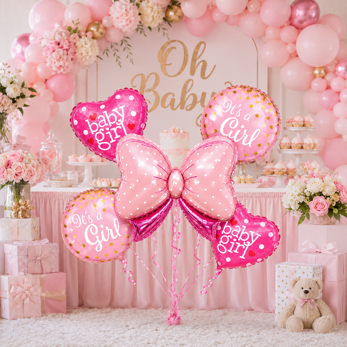 Pink Bow Shaped Its a Girl Balloon Bouqet Set - 5PC | Helium Filles & Dleivers Inflated
