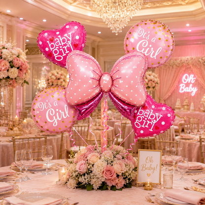 Pink Bow Shaped Its a Girl Balloon Bouqet Set - 5PC | Helium Filles & Dleivers Inflated