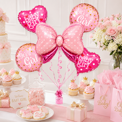Pink Bow Shaped Its a Girl Balloon Bouqet Set - 5PC | Helium Filles & Dleivers Inflated