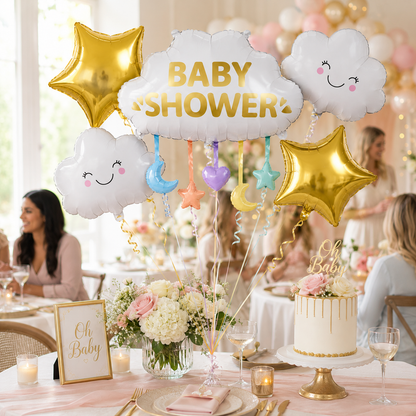 Baby Shower Cloud Shaped Balloon Bouquet Set - 5PC | Helium Filles & Delivers Inflated