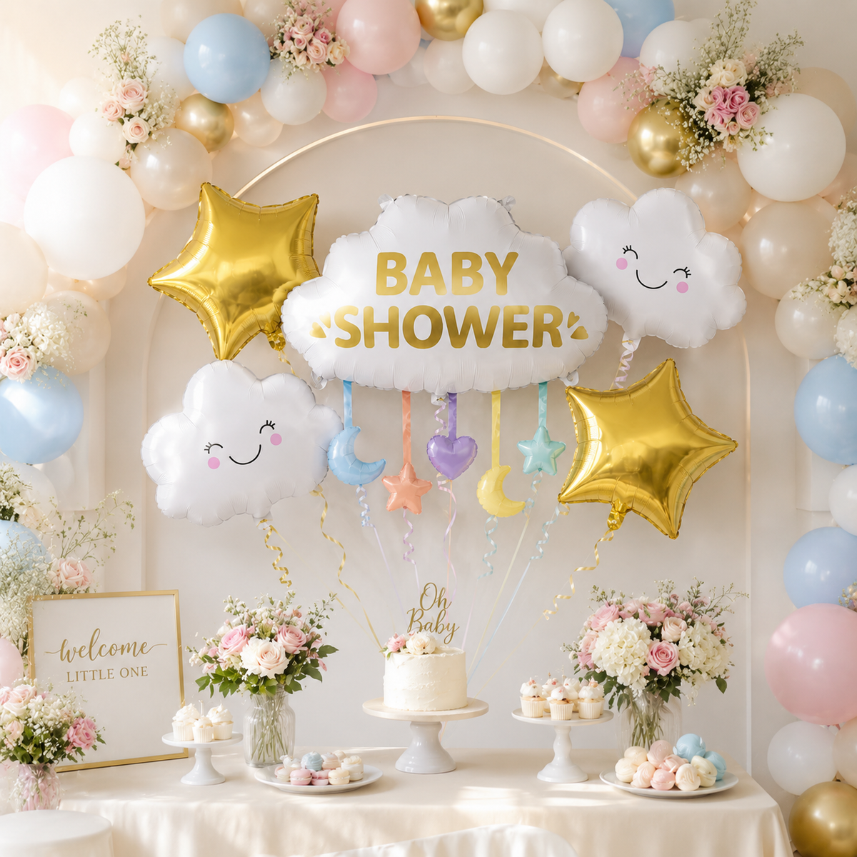Baby Shower Cloud Shaped Balloon Bouquet Set - 5PC | Helium Filles & Delivers Inflated