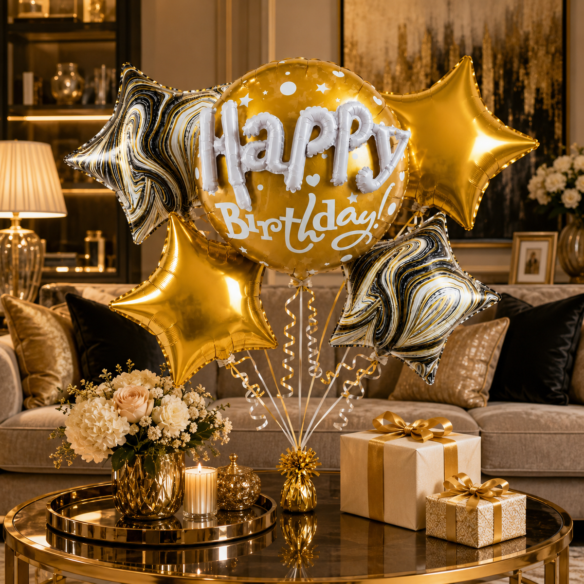 Mini Stars and Buntings Print Happy Birthday Balloon Bouquet Set - 5PC | Helium Filled and Delivers Inflated