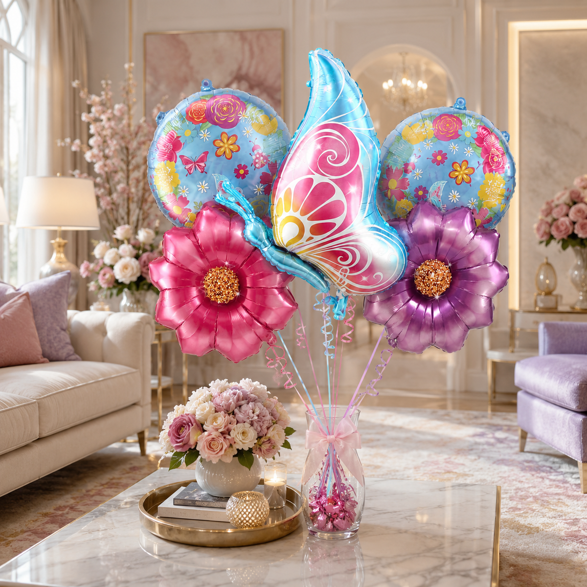 Pink Champagne Bottle Shaped Birthday Balloon Bouquet Set - 5PC | Helium Filled and Delivers Inflated