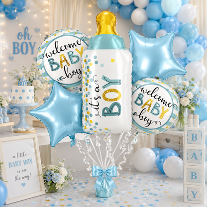 Baby Bottle Shaped It's A Boy Balloon Bouquet Set - 5PC | Helium Filled and Delivers Inflated