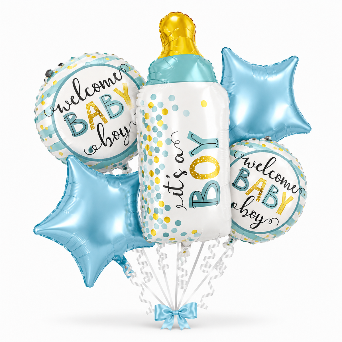 Baby Bottle Shaped It's A Boy Balloon Bouquet Set - 5PC | Helium Filled and Delivers Inflated
