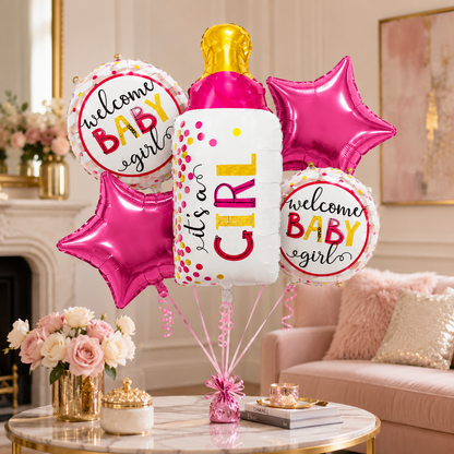Baby Bottle Shaped It's A Girl Balloon Bouquet Set - 5PC | Helium Filles & Delivers Inflated