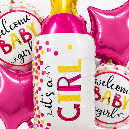 Baby Bottle Shaped It's A Girl Balloon Bouquet Set - 5PC | Helium Filles & Delivers Inflated