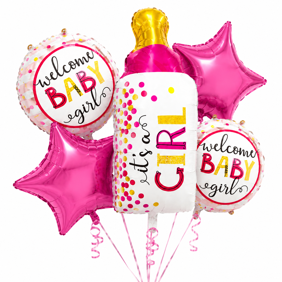 Baby Bottle Shaped It's A Girl Balloon Bouquet Set - 5PC | Helium Filles & Delivers Inflated