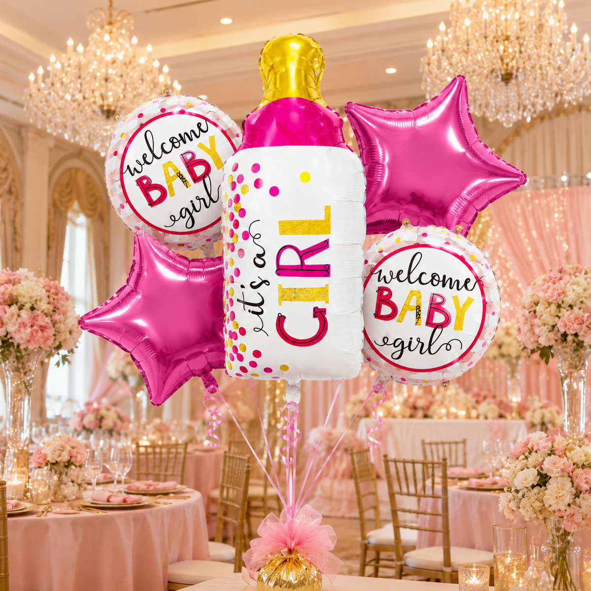 Baby Bottle Shaped It's A Girl Balloon Bouquet Set - 5PC | Helium Filles & Delivers Inflated