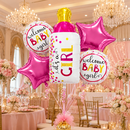Baby Bottle Shaped It's A Girl Balloon Bouquet Set - 5PC | Helium Filles & Delivers Inflated