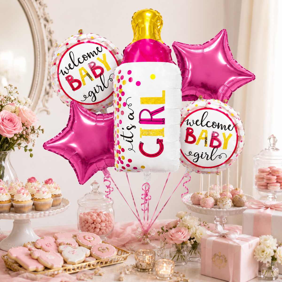 Baby Bottle Shaped It's A Girl Balloon Bouquet Set - 5PC | Helium Filles & Delivers Inflated