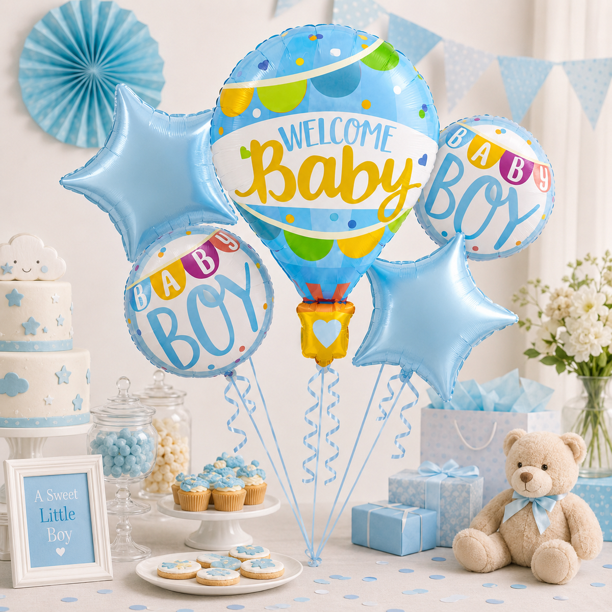 Hot Air Balloon Blue It's a Boy Balloon Bouquet Set - 5PC | Helium Filles & Delivers Inflated