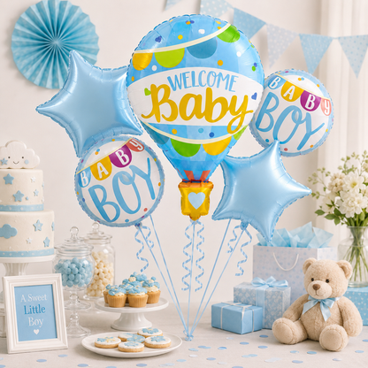 Hot Air Balloon Blue It's a Boy Balloon Bouquet Set - 5PC | Helium Filles & Delivers Inflated