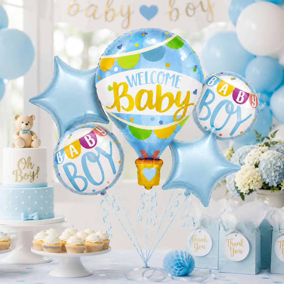Hot Air Balloon Blue It's a Boy Balloon Bouquet Set - 5PC | Helium Filles & Delivers Inflated