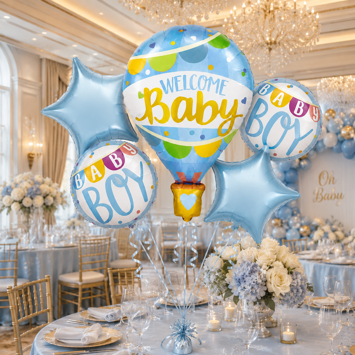 Hot Air Balloon Blue It's a Boy Balloon Bouquet Set - 5PC | Helium Filles & Delivers Inflated