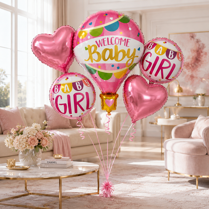 Hot Air Balloon Pink It's a Girl Balloon Bouquet Set - 5PC  | Helium Filles & Delivers Inflated