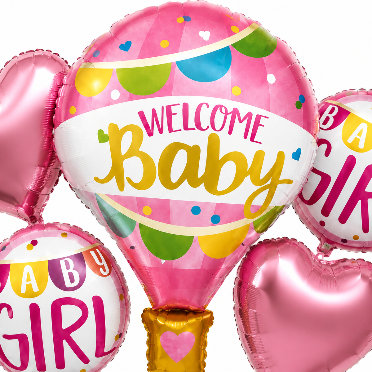 Hot Air Balloon Pink It's a Girl Balloon Bouquet Set - 5PC  | Helium Filles & Delivers Inflated